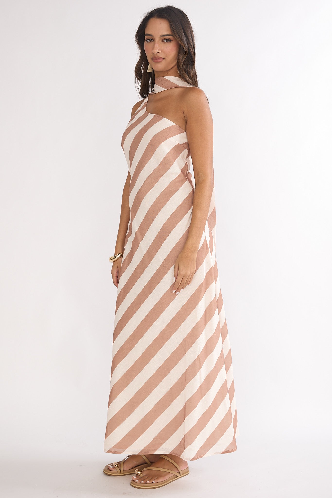Mirona One Shoulder Scarf Maxi Dress Stripe Camel by Selfie Leslie Australia