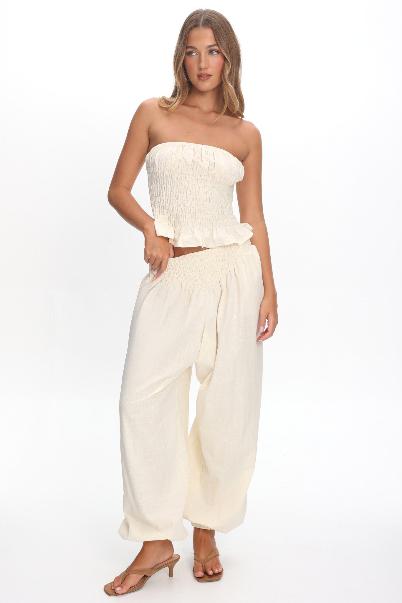 Norina Shirred Waist Pants Cream by Selfie Leslie Australia
