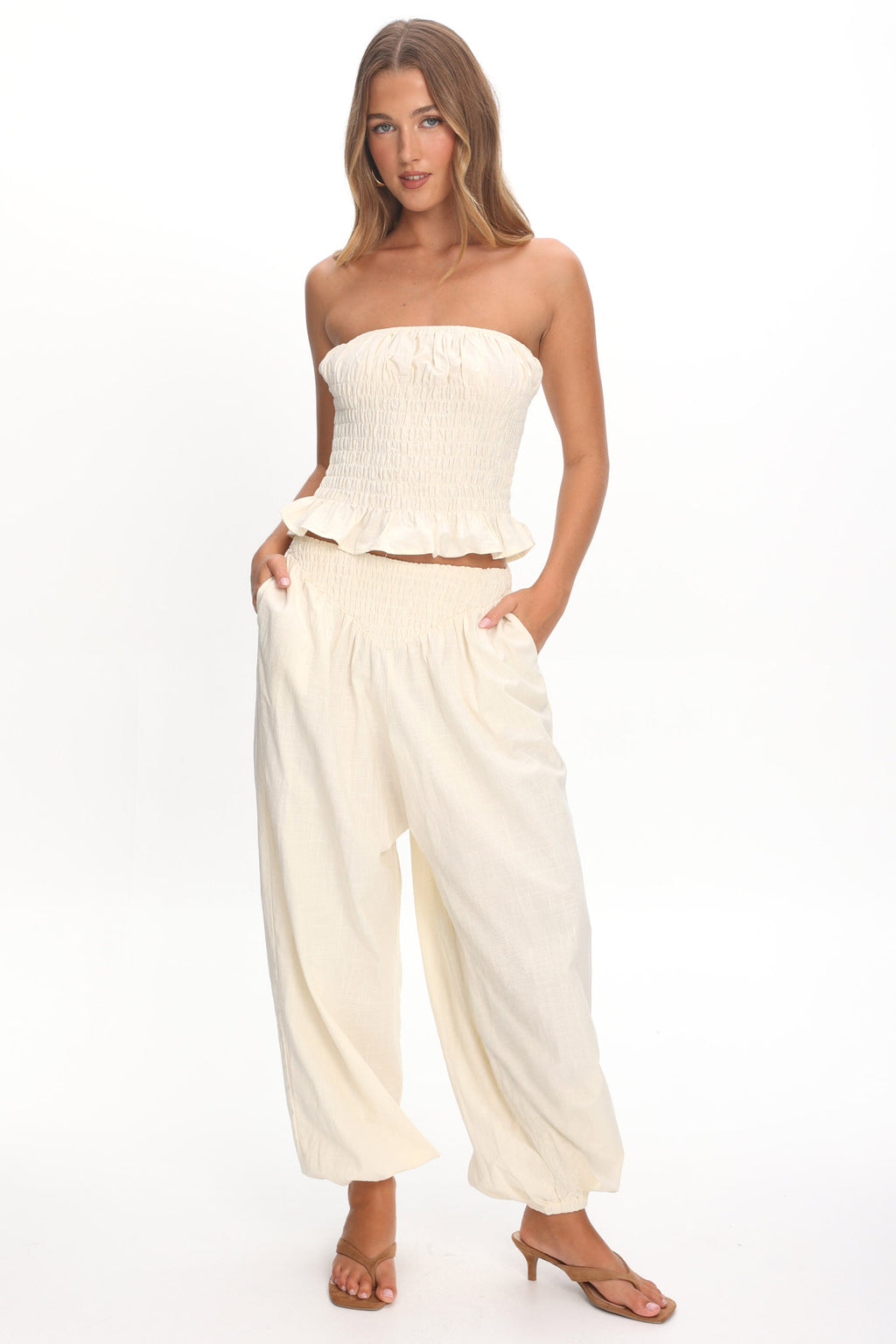 Norina Shirred Strapless Top Cream by Selfie Leslie Australia