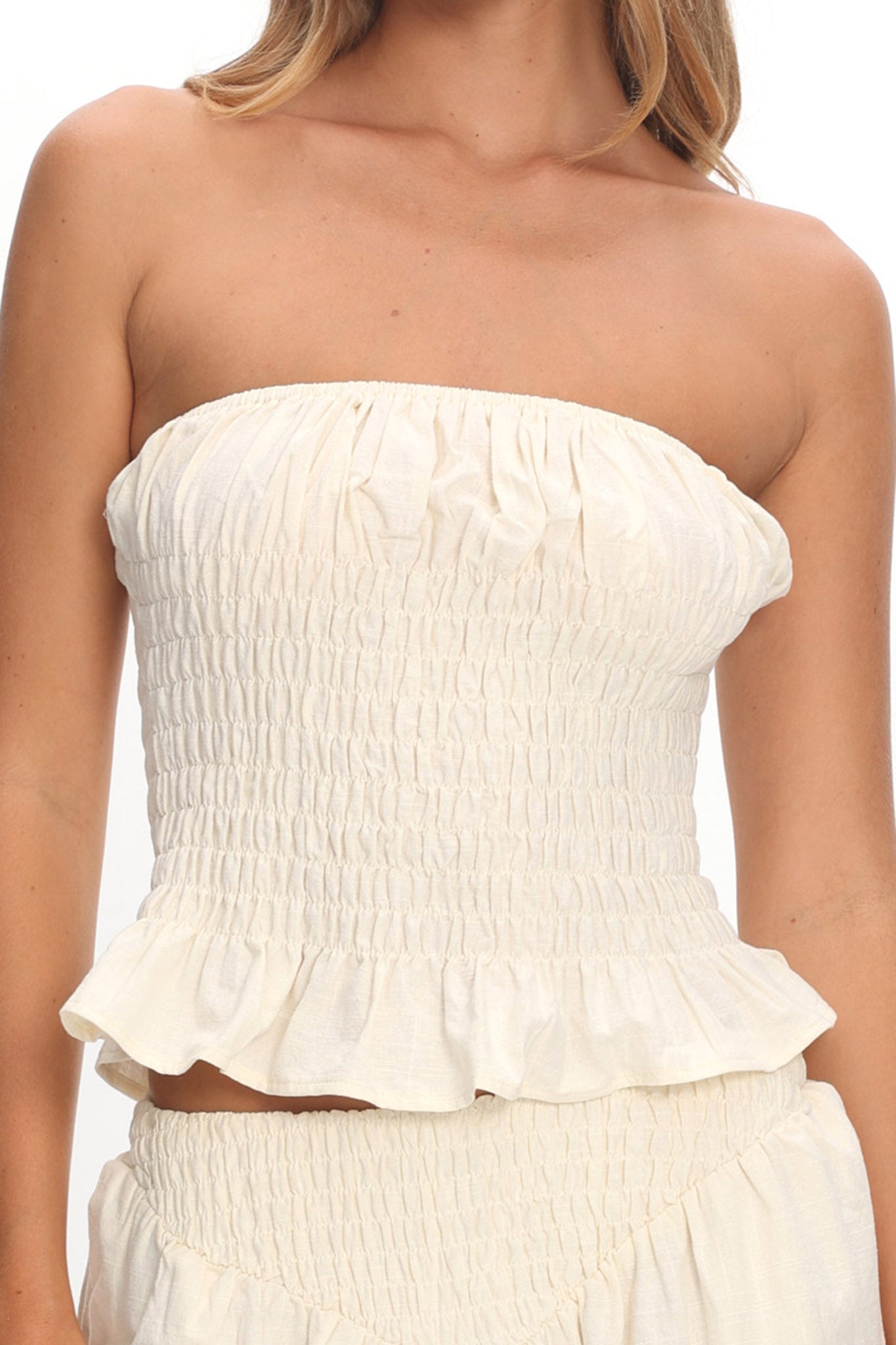 Norina Shirred Strapless Top Cream by Selfie Leslie Australia