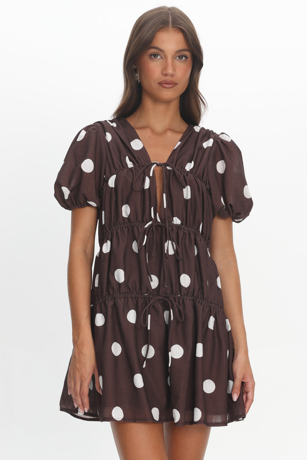 Antibes Tie Front Puff Sleeve Mini Dress Chocolate/White by Selfie Leslie Australia