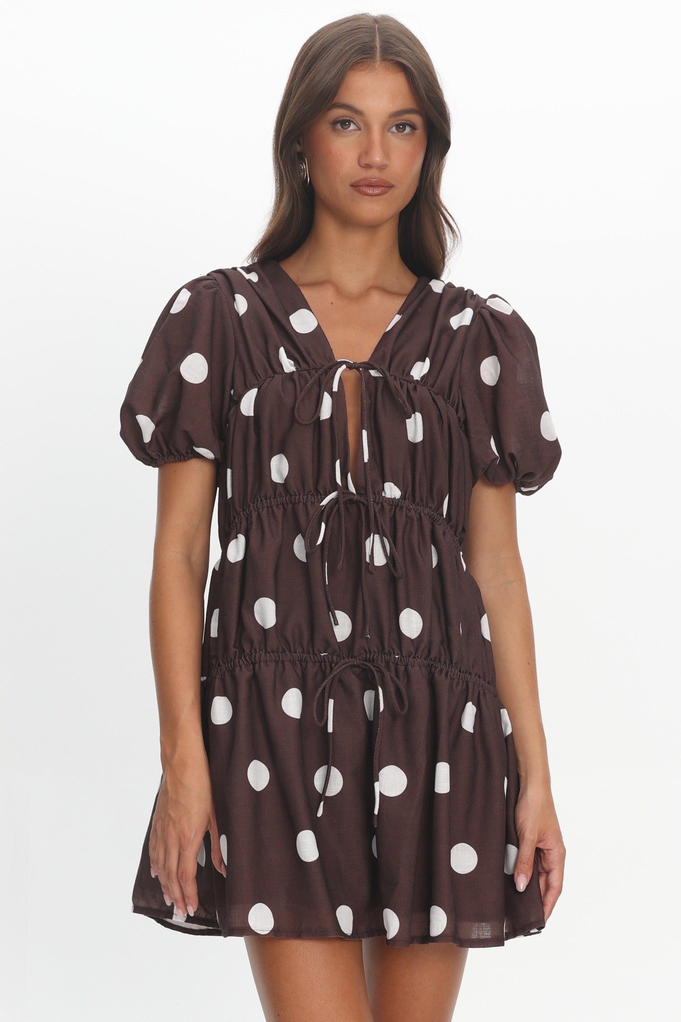 Antibes Tie Front Puff Sleeve Mini Dress Chocolate/White by Selfie Leslie Australia