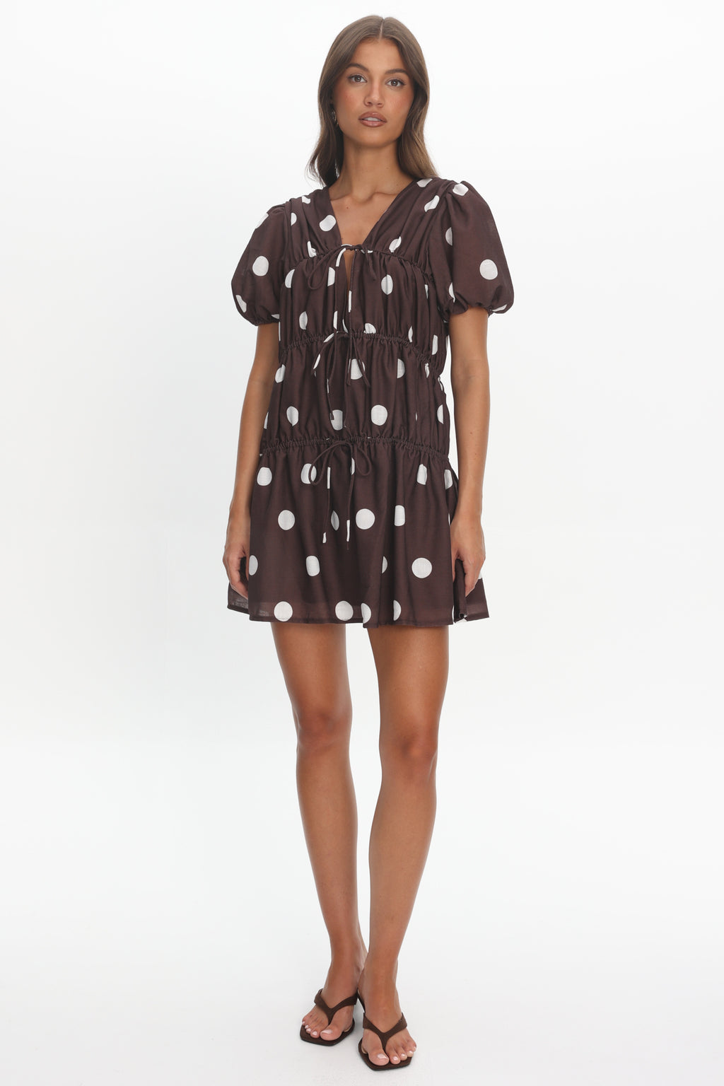 Antibes Tie Front Puff Sleeve Mini Dress Chocolate/White by Selfie Leslie Australia
