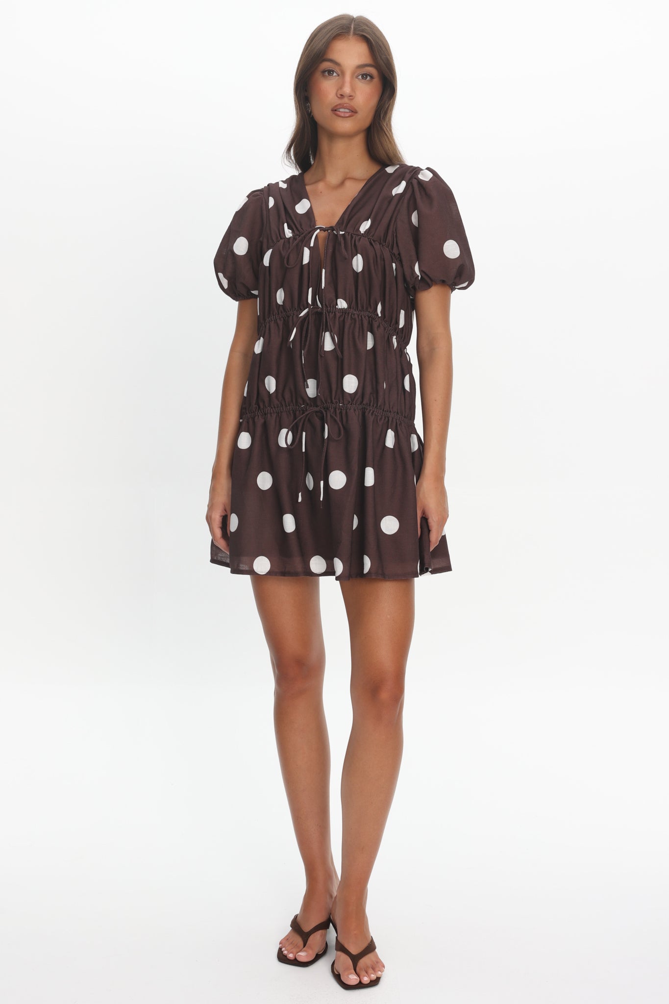 Antibes Tie Front Puff Sleeve Mini Dress Chocolate/White by Selfie Leslie Australia