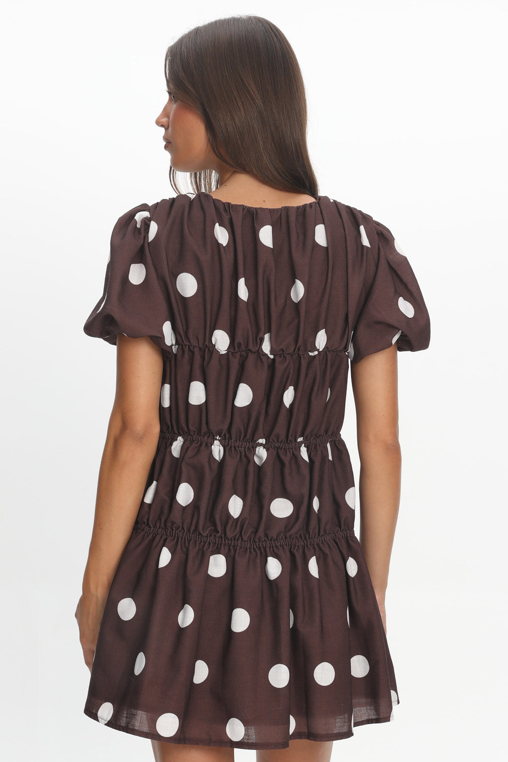 Antibes Tie Front Puff Sleeve Mini Dress Chocolate/White by Selfie Leslie Australia