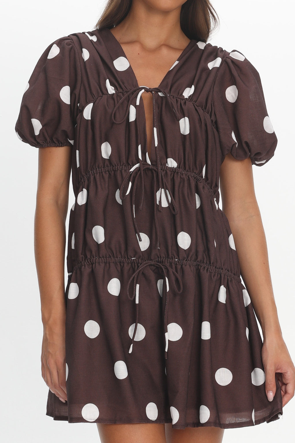 Antibes Tie Front Puff Sleeve Mini Dress Chocolate/White by Selfie Leslie Australia