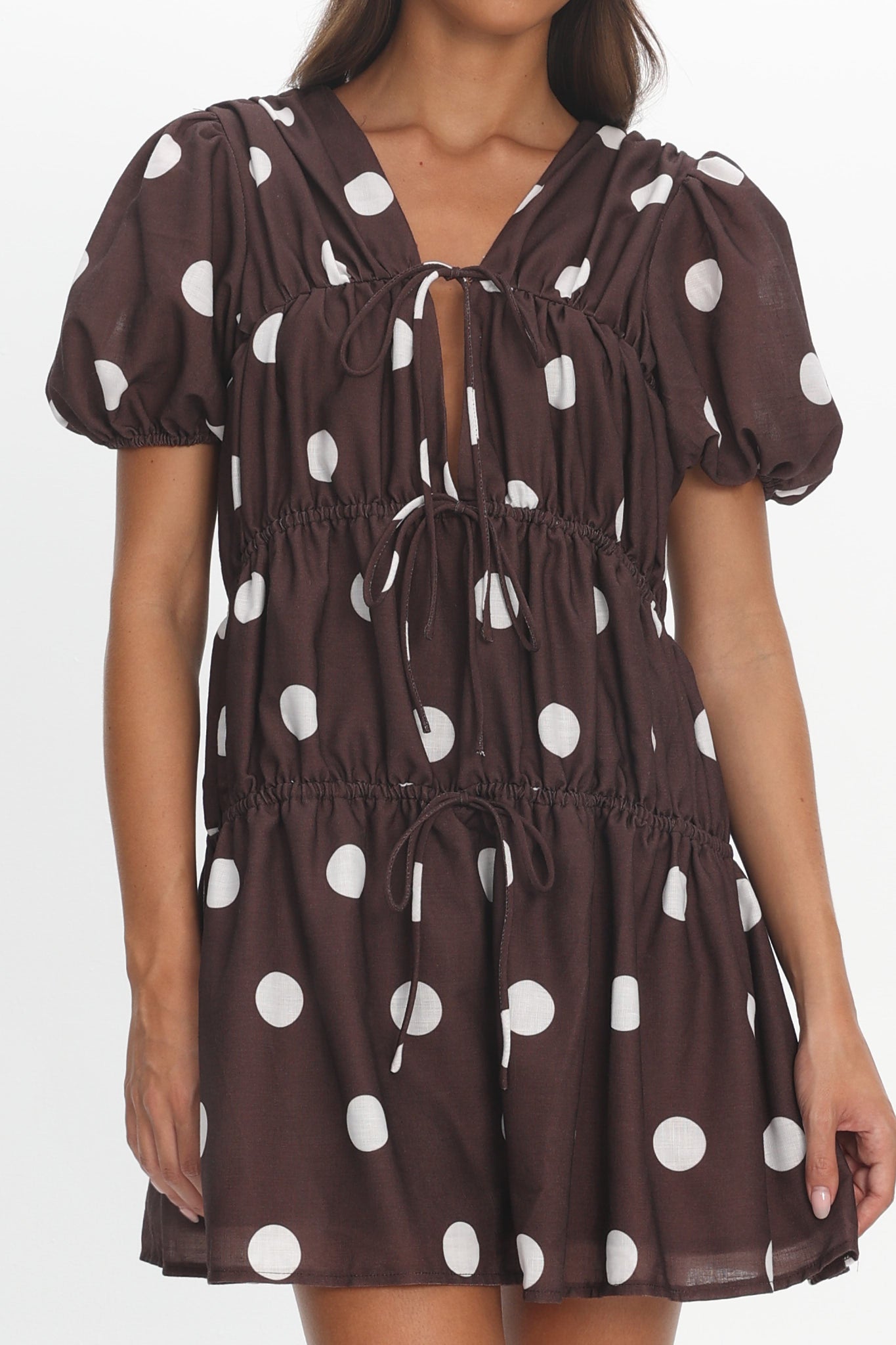 Antibes Tie Front Puff Sleeve Mini Dress Chocolate/White by Selfie Leslie Australia