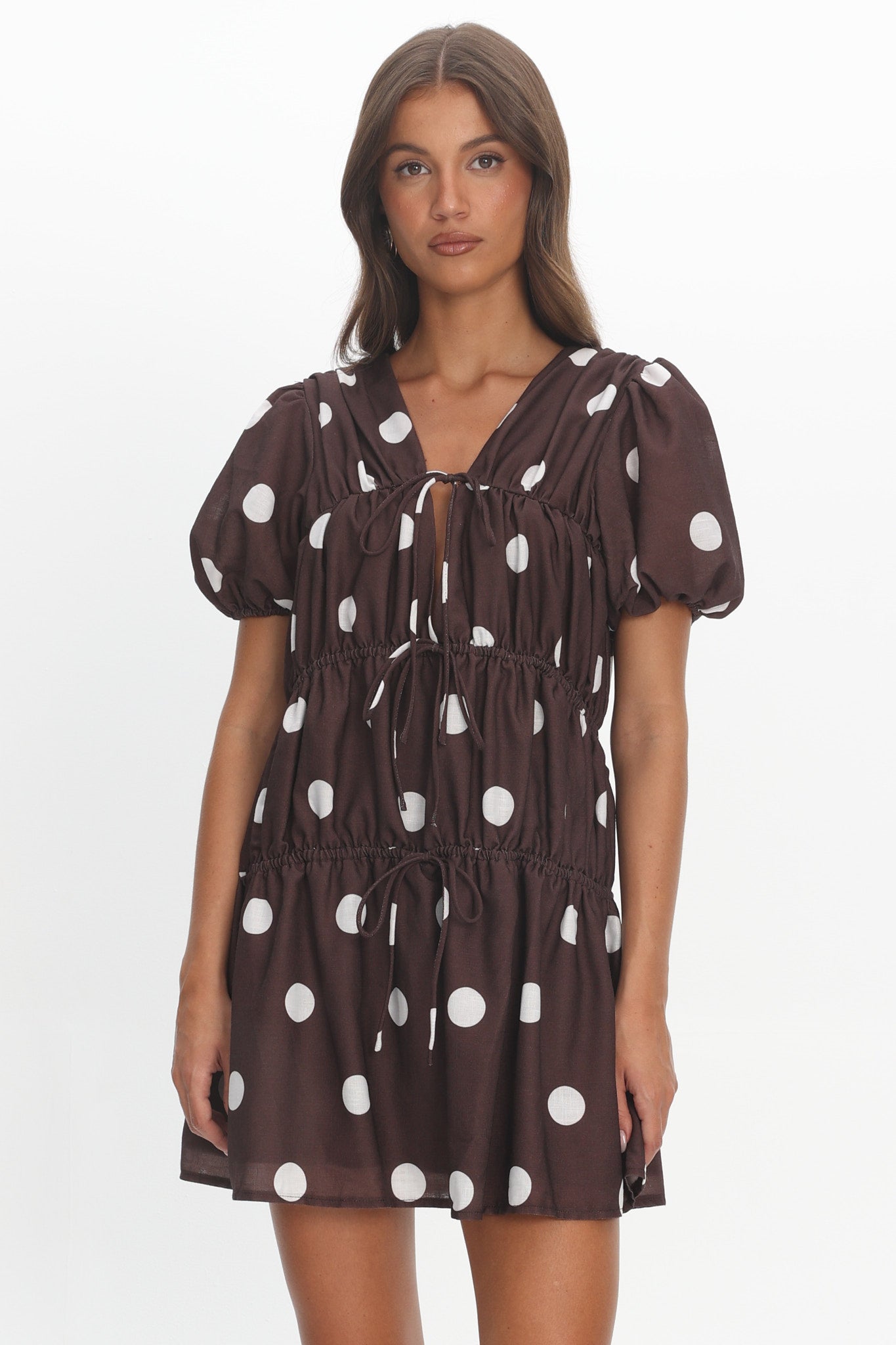 Antibes Tie Front Puff Sleeve Mini Dress Chocolate/White by Selfie Leslie Australia