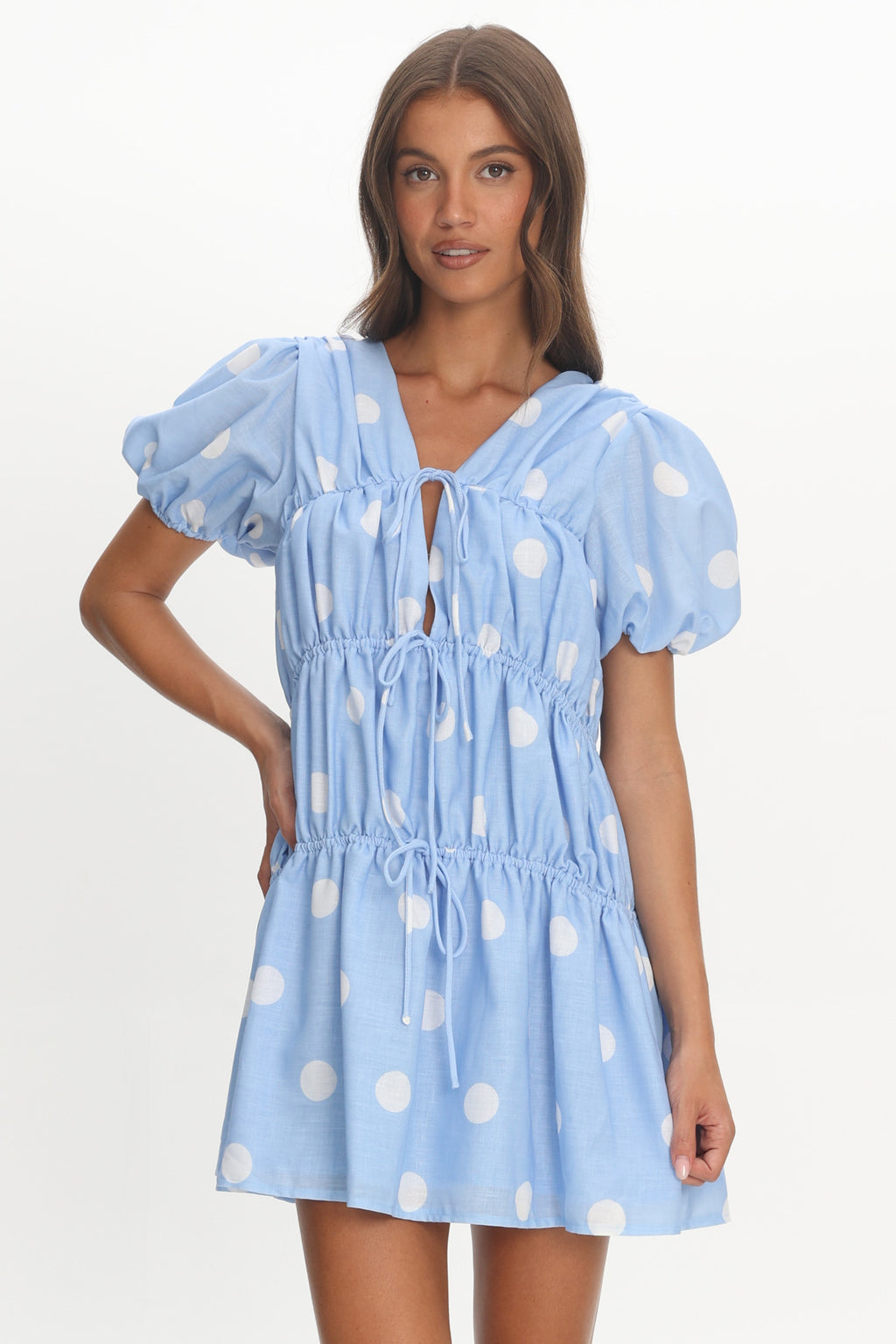 Antibes Tie Front Puff Sleeve Mini Dress Light Blue by Selfie Leslie Australia