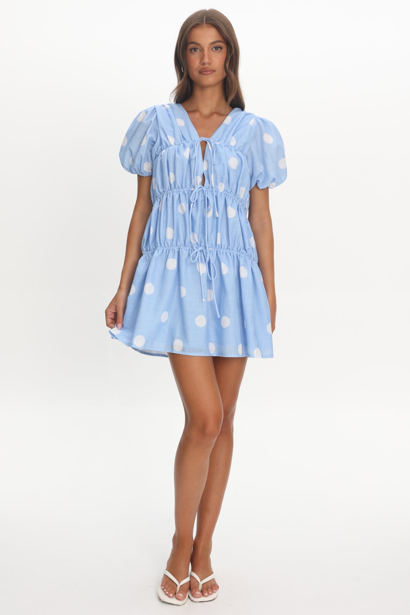 Antibes Tie Front Puff Sleeve Mini Dress Light Blue by Selfie Leslie Australia