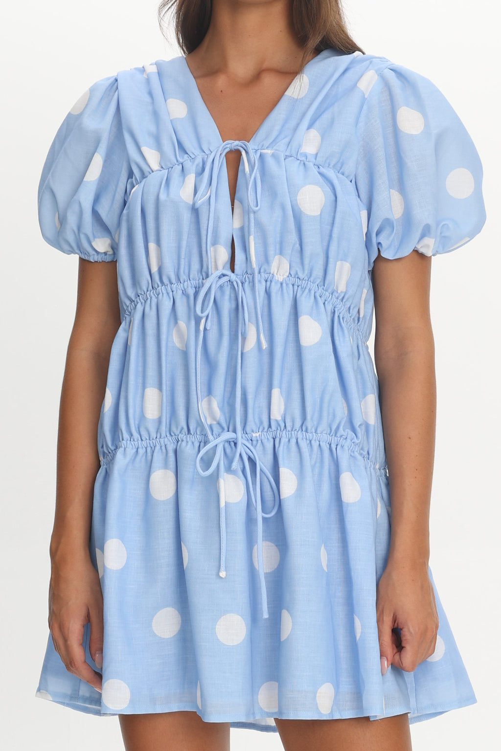 Antibes Tie Front Puff Sleeve Mini Dress Light Blue by Selfie Leslie Australia
