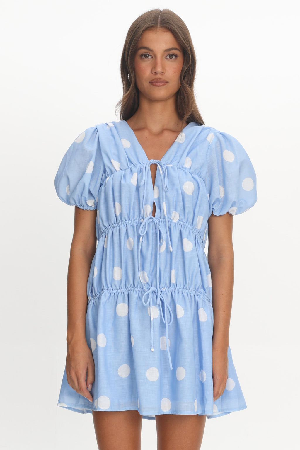 Antibes Tie Front Puff Sleeve Mini Dress Light Blue by Selfie Leslie Australia