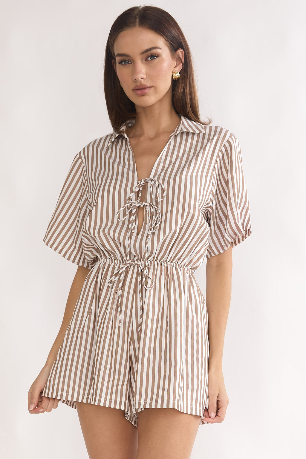 Devon Tie Front Romper Stripe Chocolate by Selfie Leslie Australia