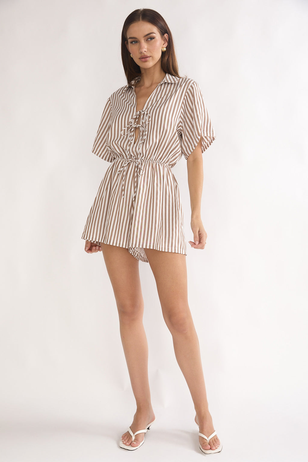 Devon Tie Front Romper Stripe Chocolate by Selfie Leslie Australia