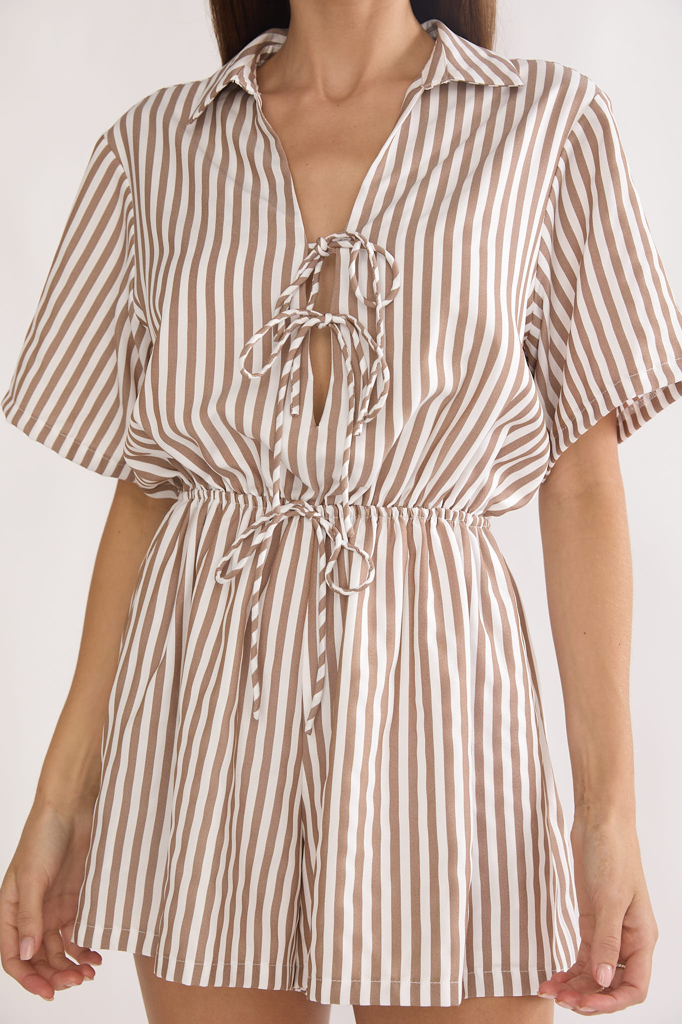 Devon Tie Front Romper Stripe Chocolate by Selfie Leslie Australia