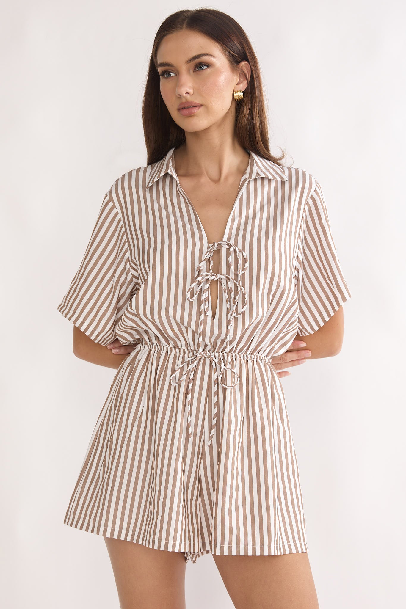 Devon Tie Front Romper Stripe Chocolate by Selfie Leslie Australia
