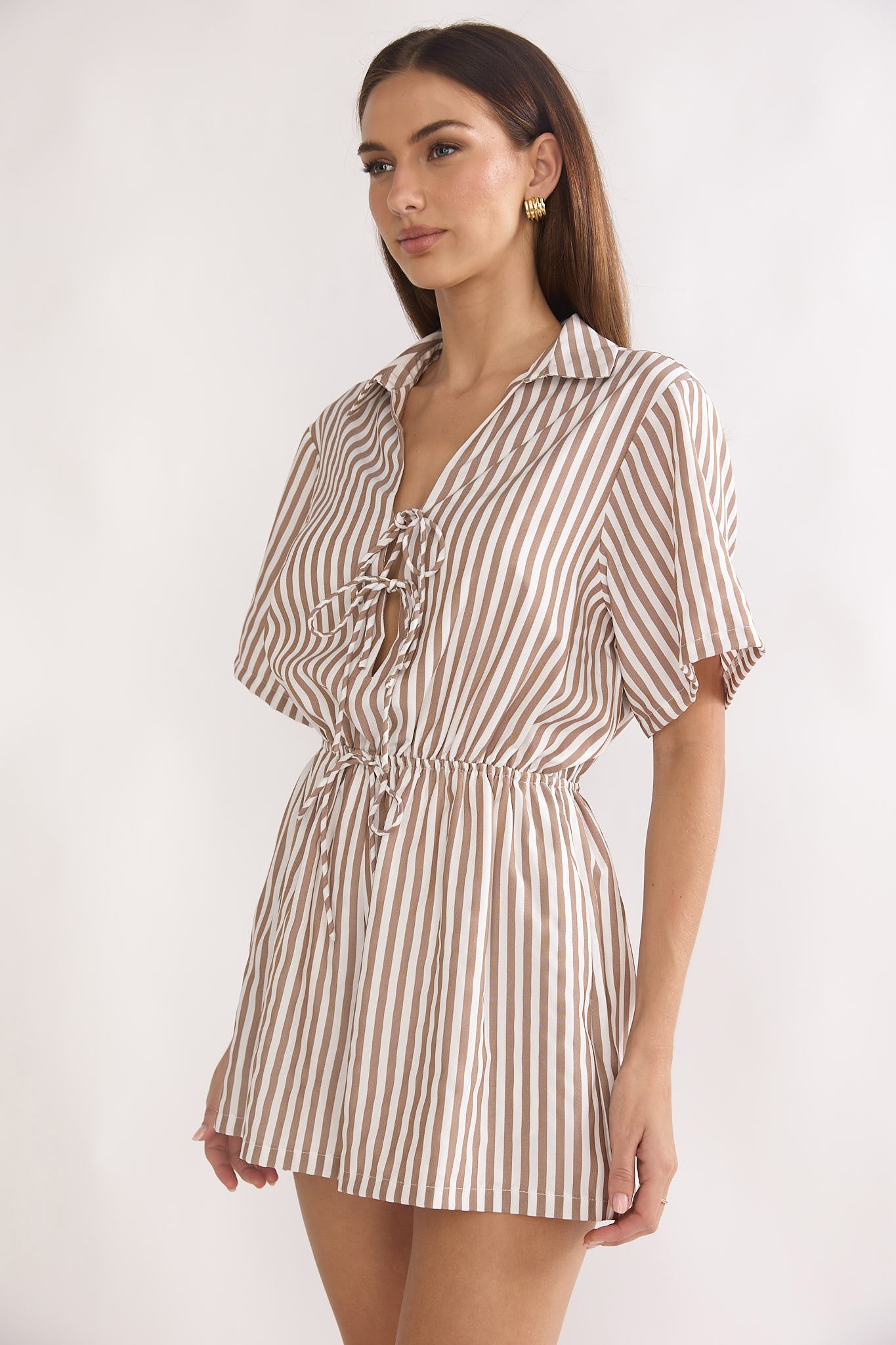Devon Tie Front Romper Stripe Chocolate by Selfie Leslie Australia