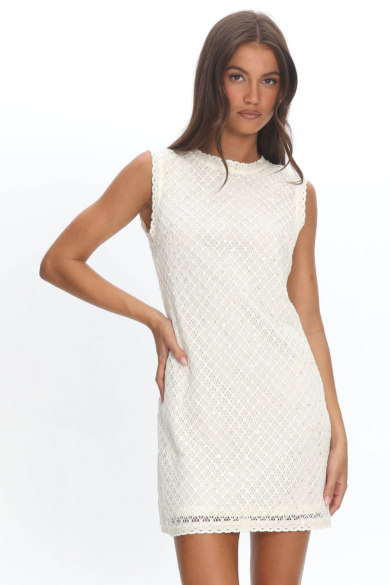 Alvena Crochet Lace Shift Dress Sequin White by Selfie Leslie Australia