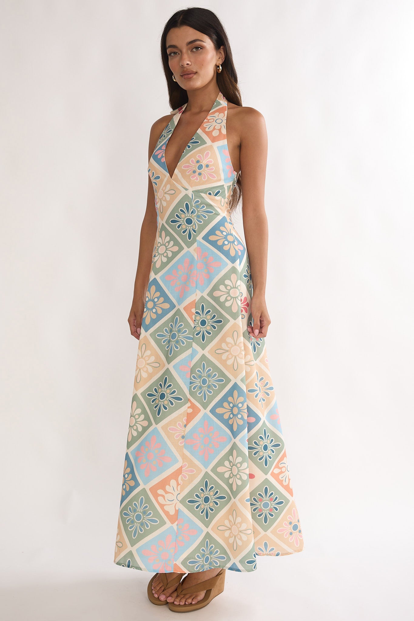 Nolara A-Line Halterneck Maxi Dress Green Multi by Selfie Leslie Australia
