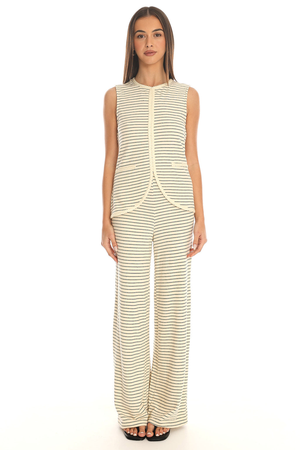 Halina Rope Trim Pants Stripe Beige