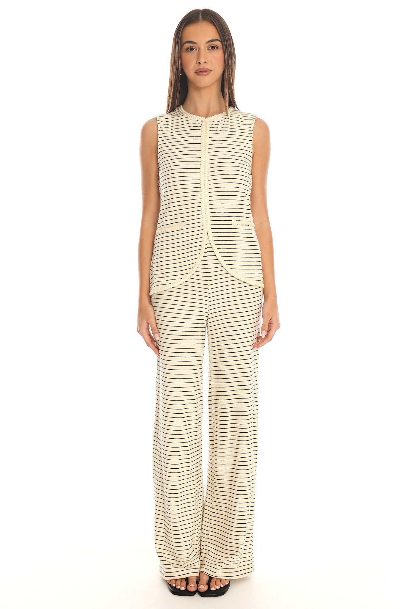 Halina Rope Trim Pants Stripe Beige