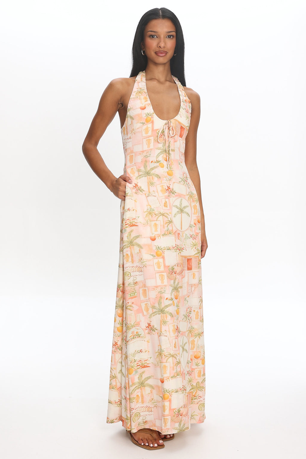 Golden Hour Beach Halterneck Maxi Dress Print Apricot