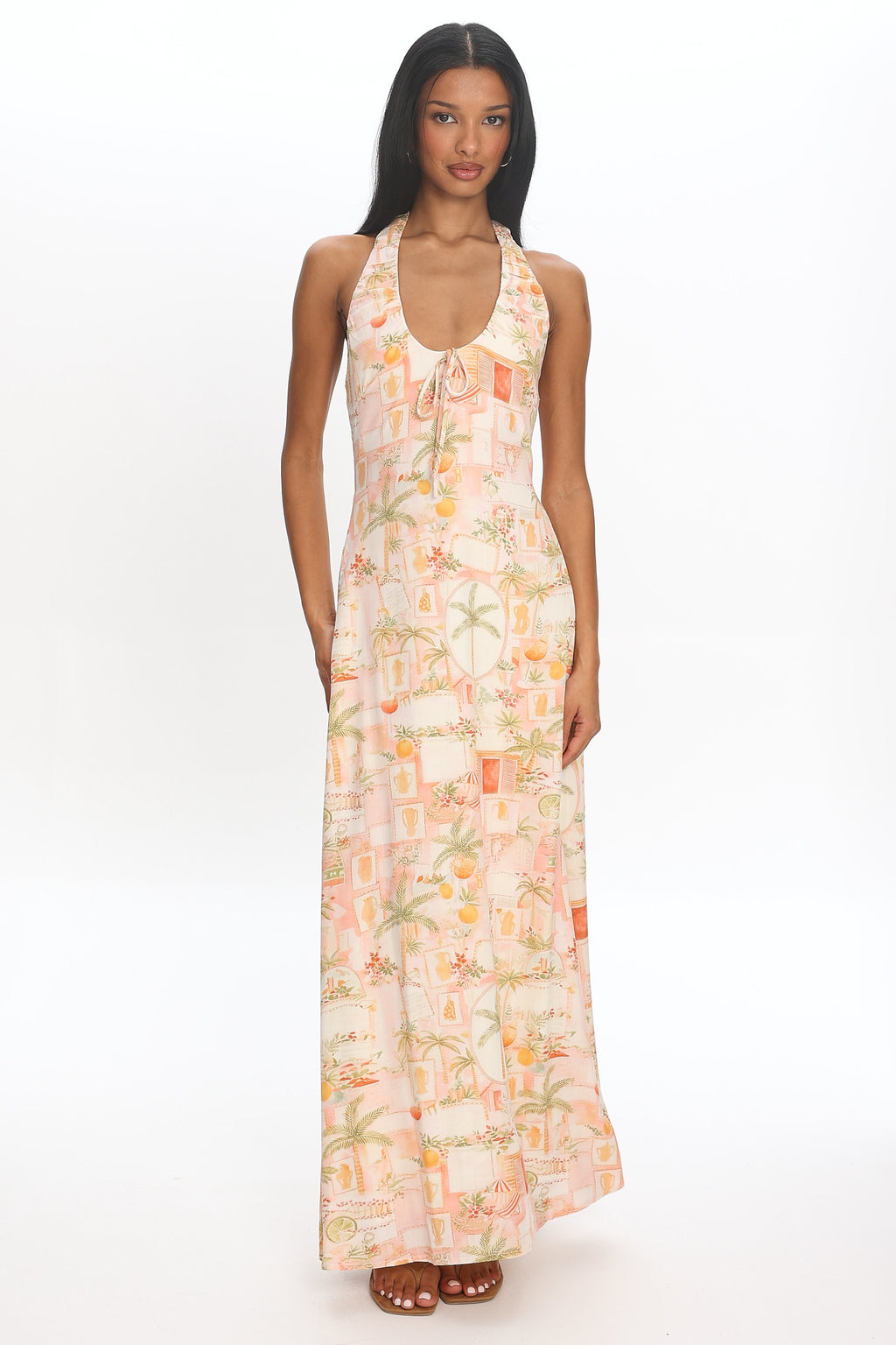 Golden Hour Beach Halterneck Maxi Dress Print Apricot