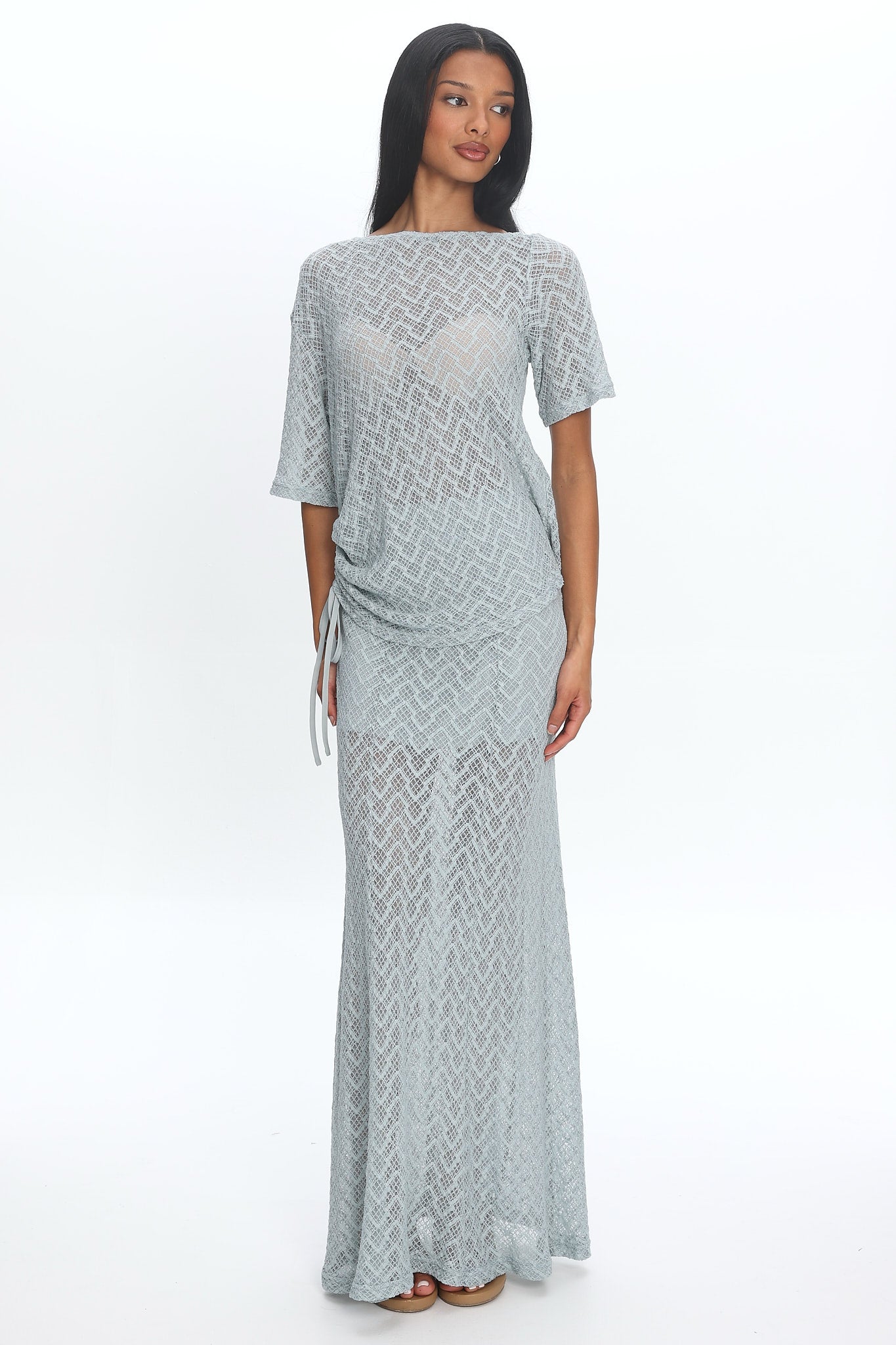 Sidibe Ruched Side Crochet Top Light Blue