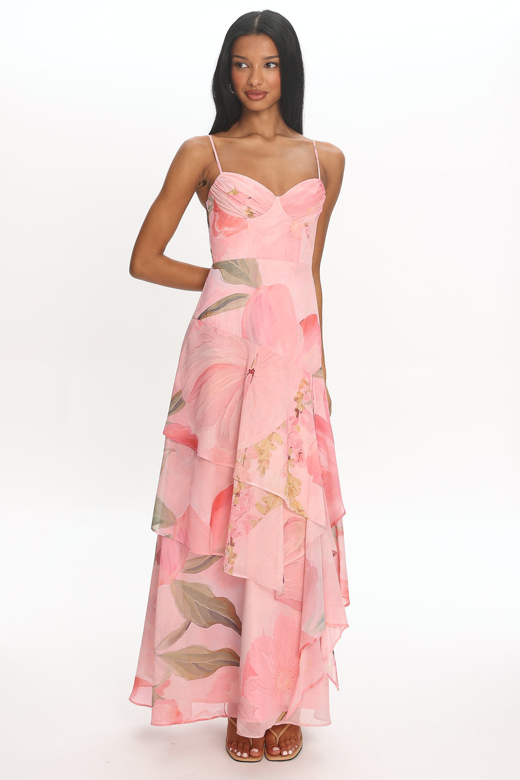 Botanical Bloom Tiered Maxi Dress Pink