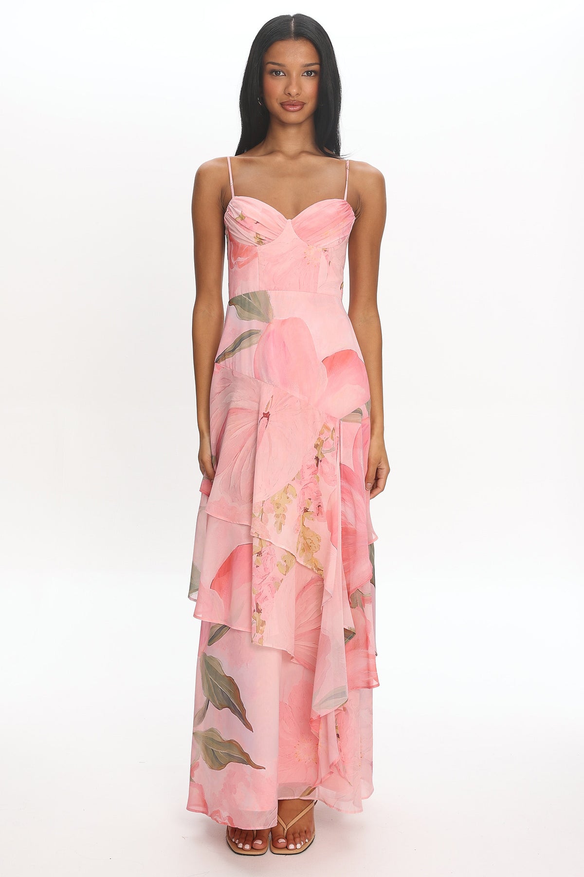 Botanical Bloom Tiered Maxi Dress Pink