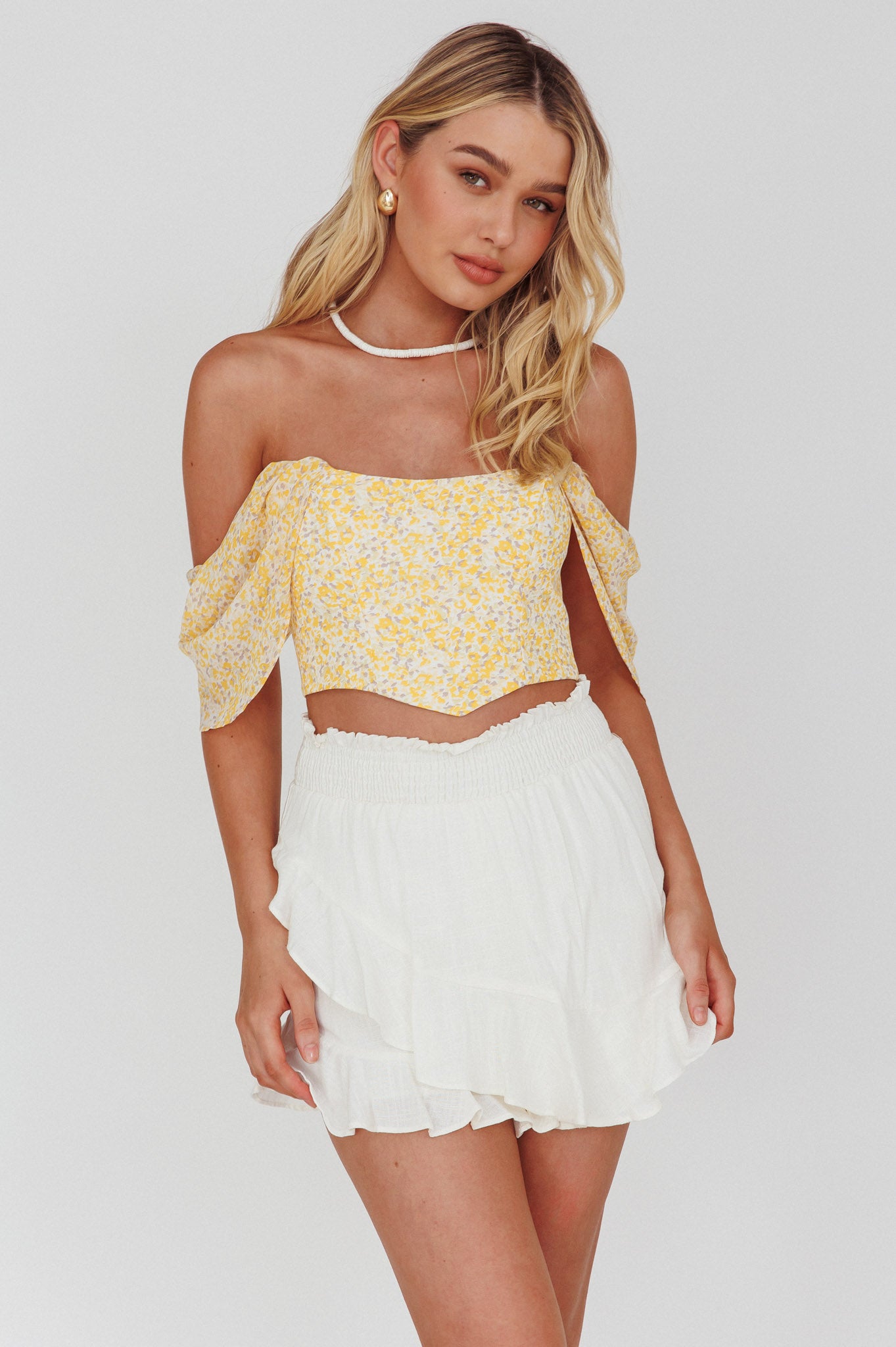 Brandy Off-Shoulder Pointed Hem Crop Top Mottled Print Yellow by Selfie Leslie Australia