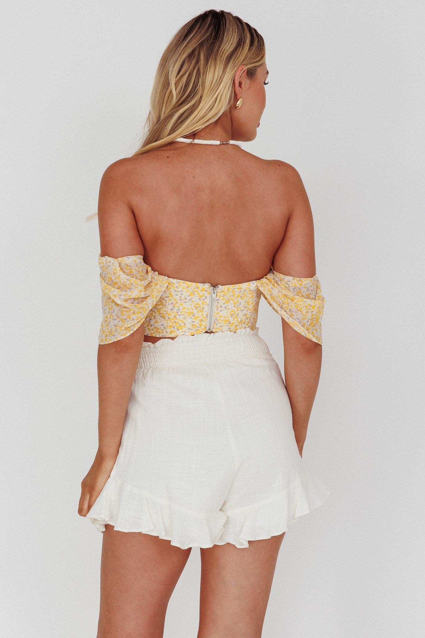 Brandy Off-Shoulder Pointed Hem Crop Top Mottled Print Yellow by Selfie Leslie Australia