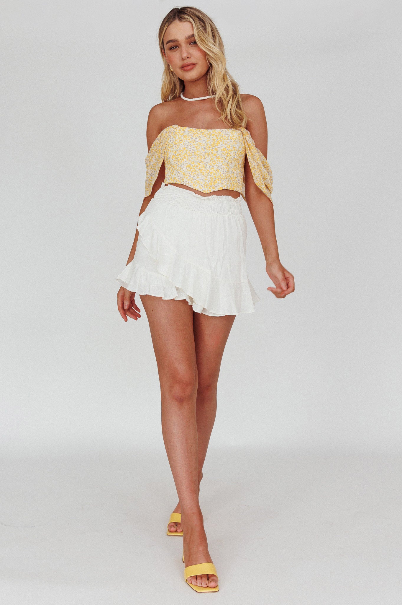 Brandy Off-Shoulder Pointed Hem Crop Top Mottled Print Yellow by Selfie Leslie Australia