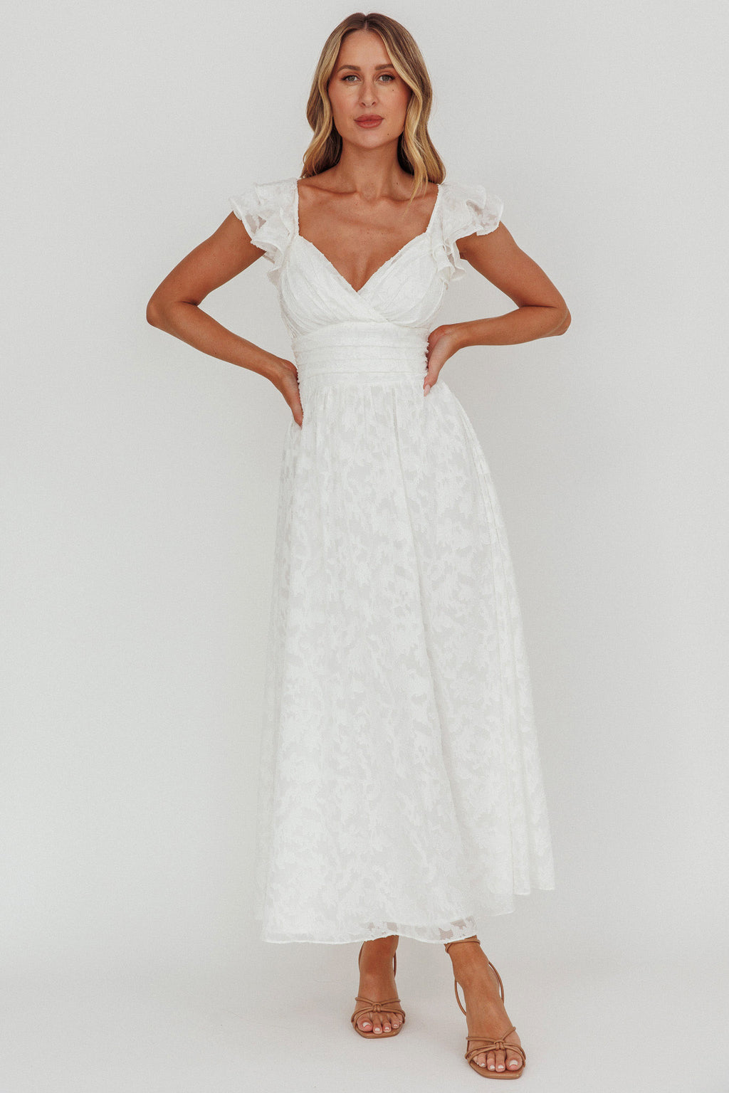 Lola Ruffle Shoulder Maxi Dress Textured White by Selfie Leslie Australia