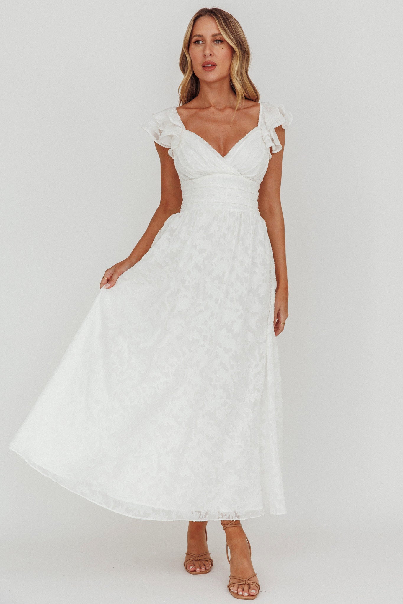 Lola Ruffle Shoulder Maxi Dress Textured White by Selfie Leslie Australia