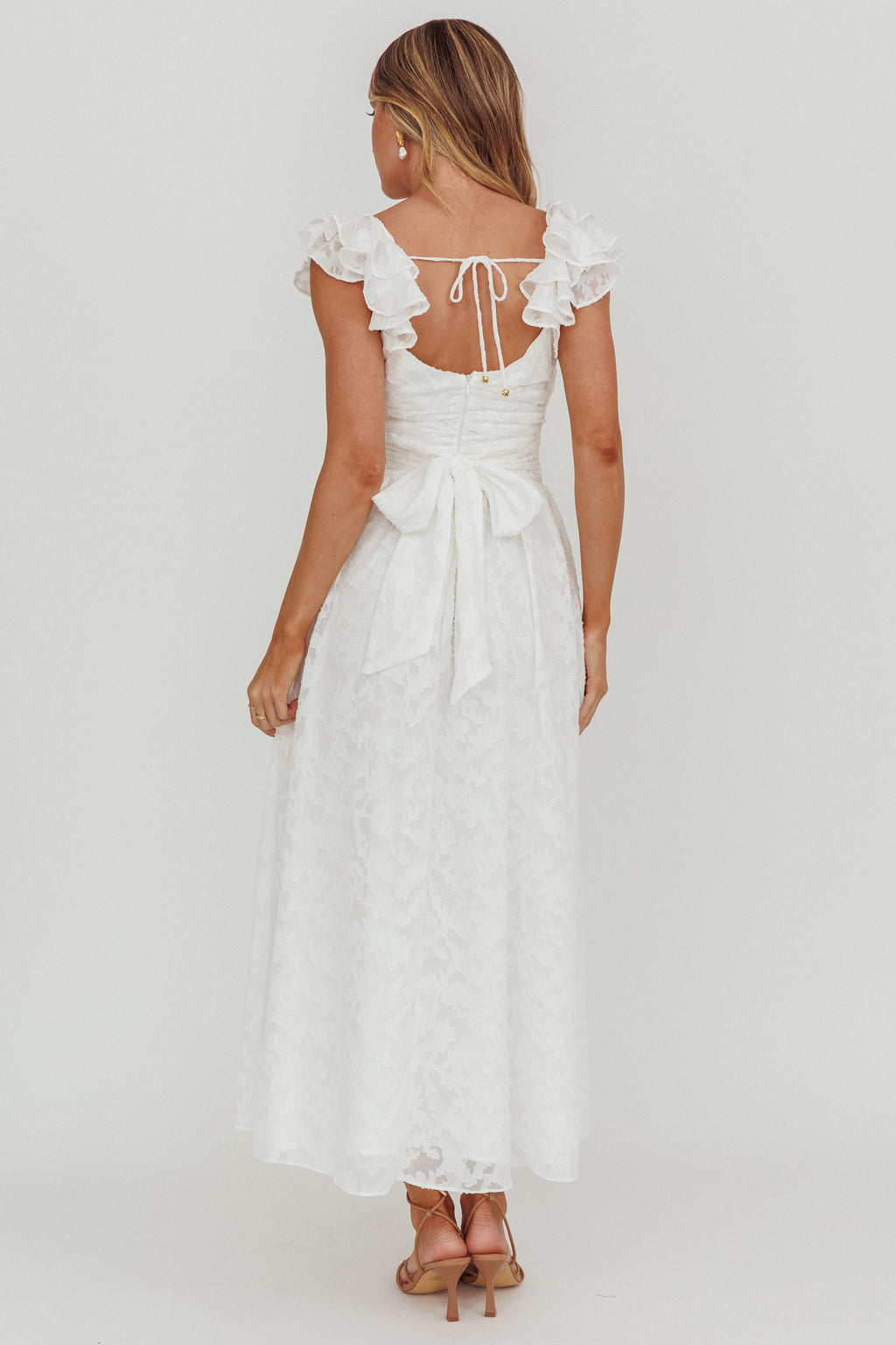 Lola Ruffle Shoulder Maxi Dress Textured White by Selfie Leslie Australia