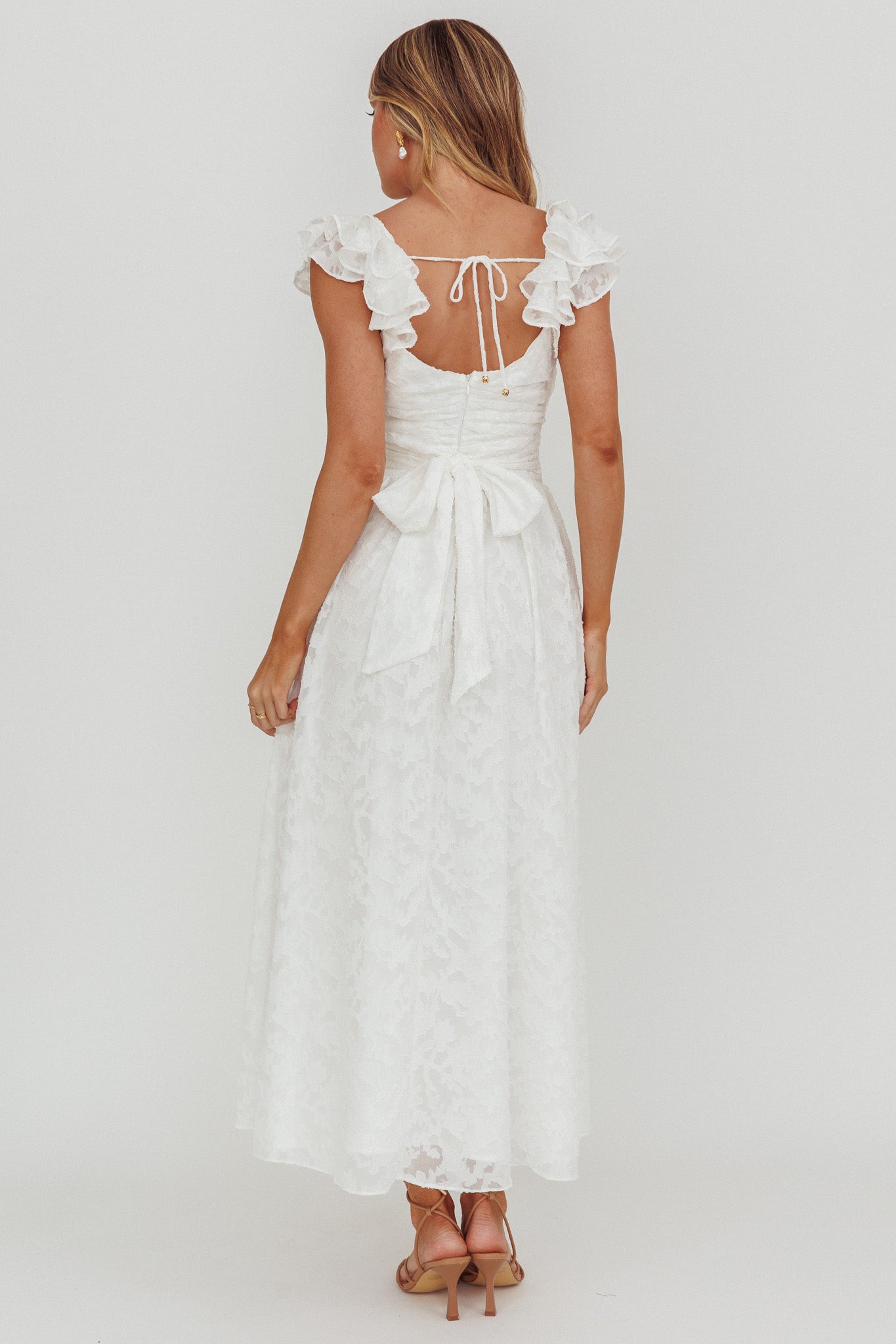 Lola Ruffle Shoulder Maxi Dress Textured White by Selfie Leslie Australia