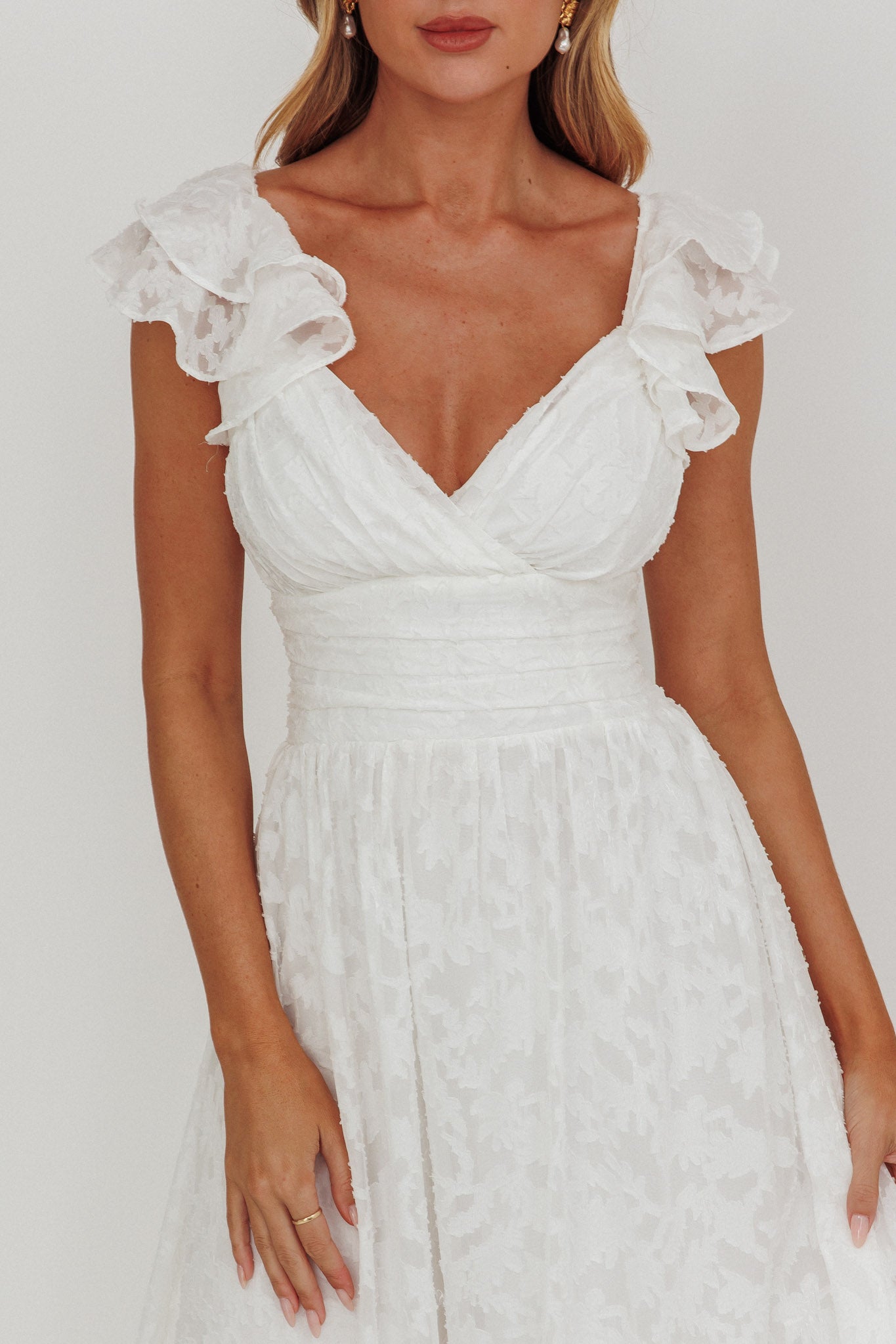 Lola Ruffle Shoulder Maxi Dress Textured White by Selfie Leslie Australia