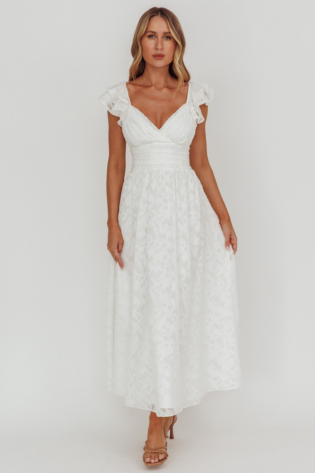 Lola Ruffle Shoulder Maxi Dress Textured White by Selfie Leslie Australia