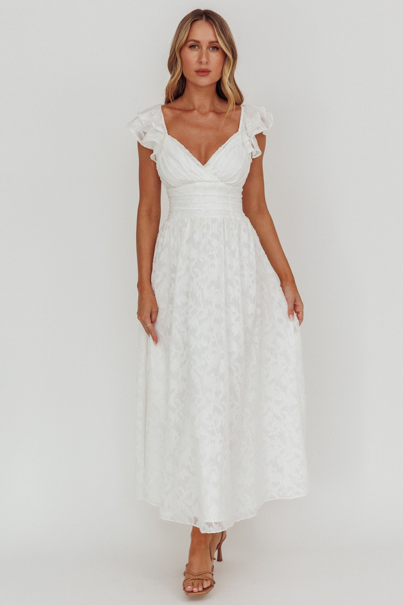 Lola Ruffle Shoulder Maxi Dress Textured White by Selfie Leslie Australia