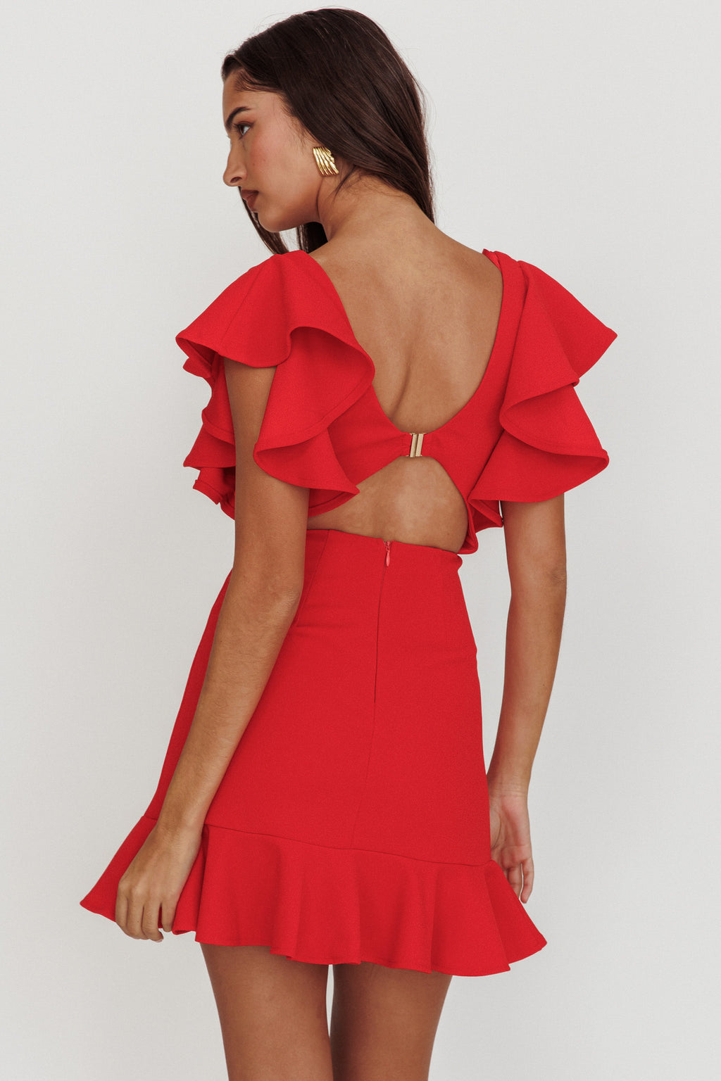 Cupid's Bow V-Neckline Ruffle Shoulder Bodycon Dress Red by Selfie Leslie Australia