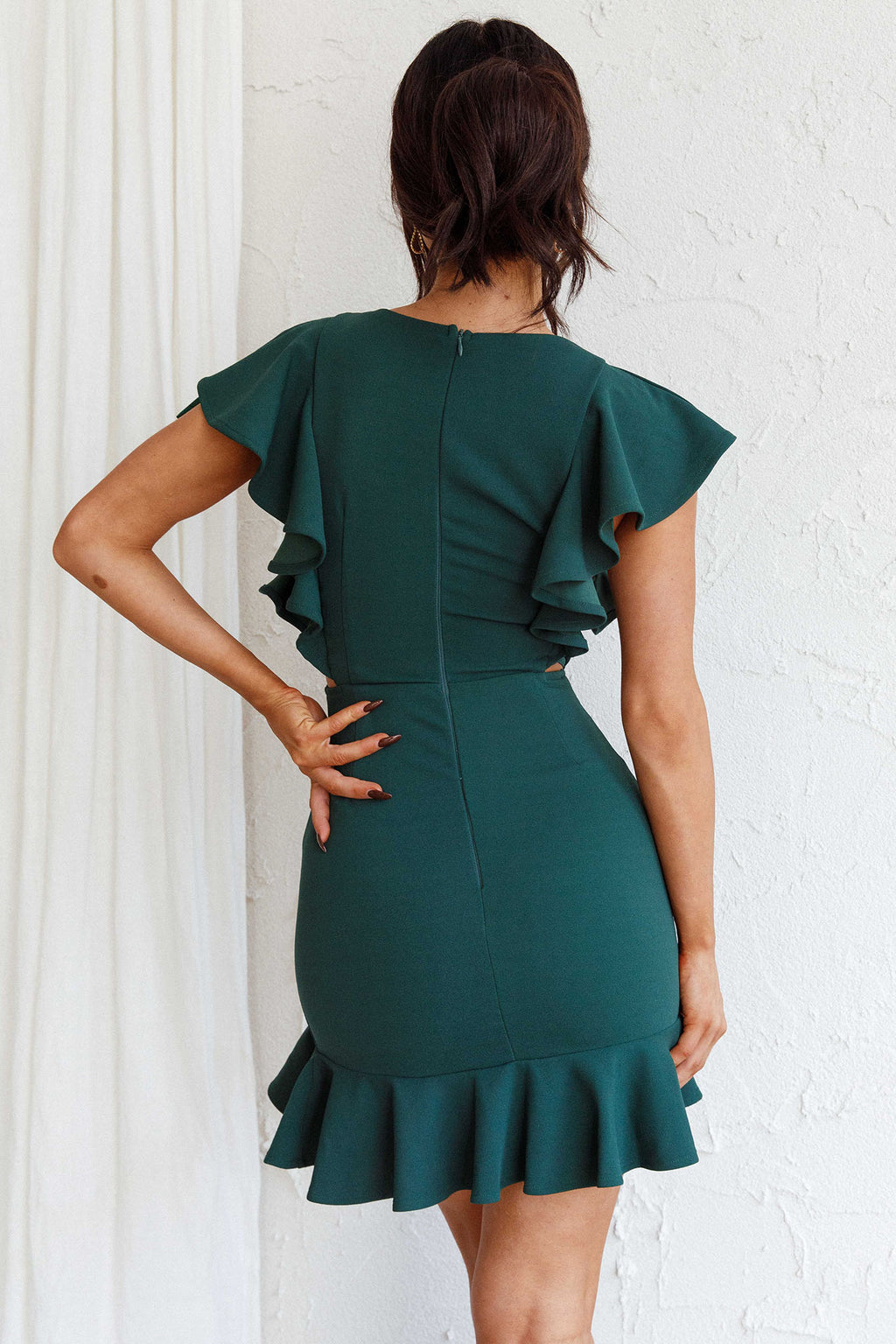 Cupid's Bow Ruffle Shoulder Bodycon Dress Forest Green by Selfie Leslie Australia