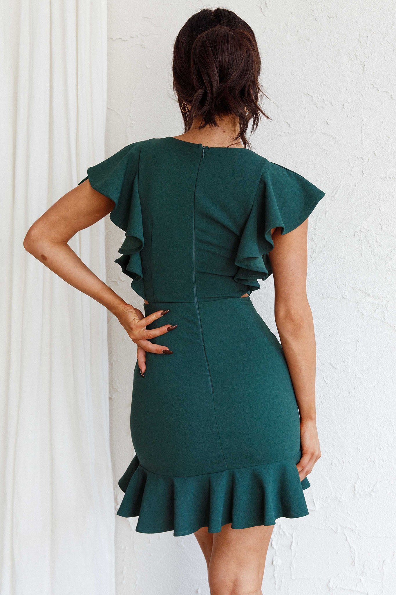 Cupid's Bow Ruffle Shoulder Bodycon Dress Forest Green by Selfie Leslie Australia