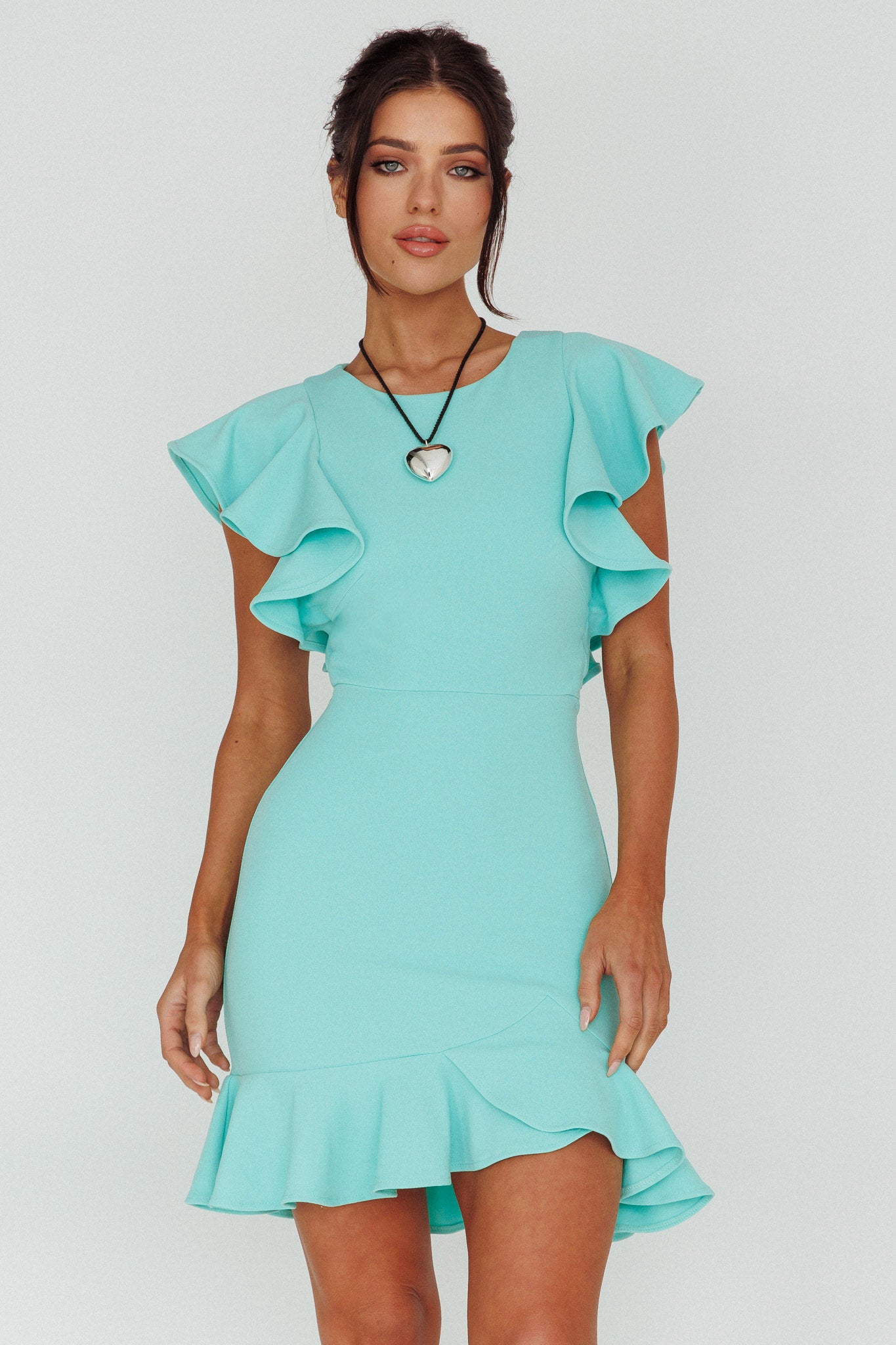 Cupid's Bow Ruffle Shoulder Bodycon Dress Teal by Selfie Leslie Australia