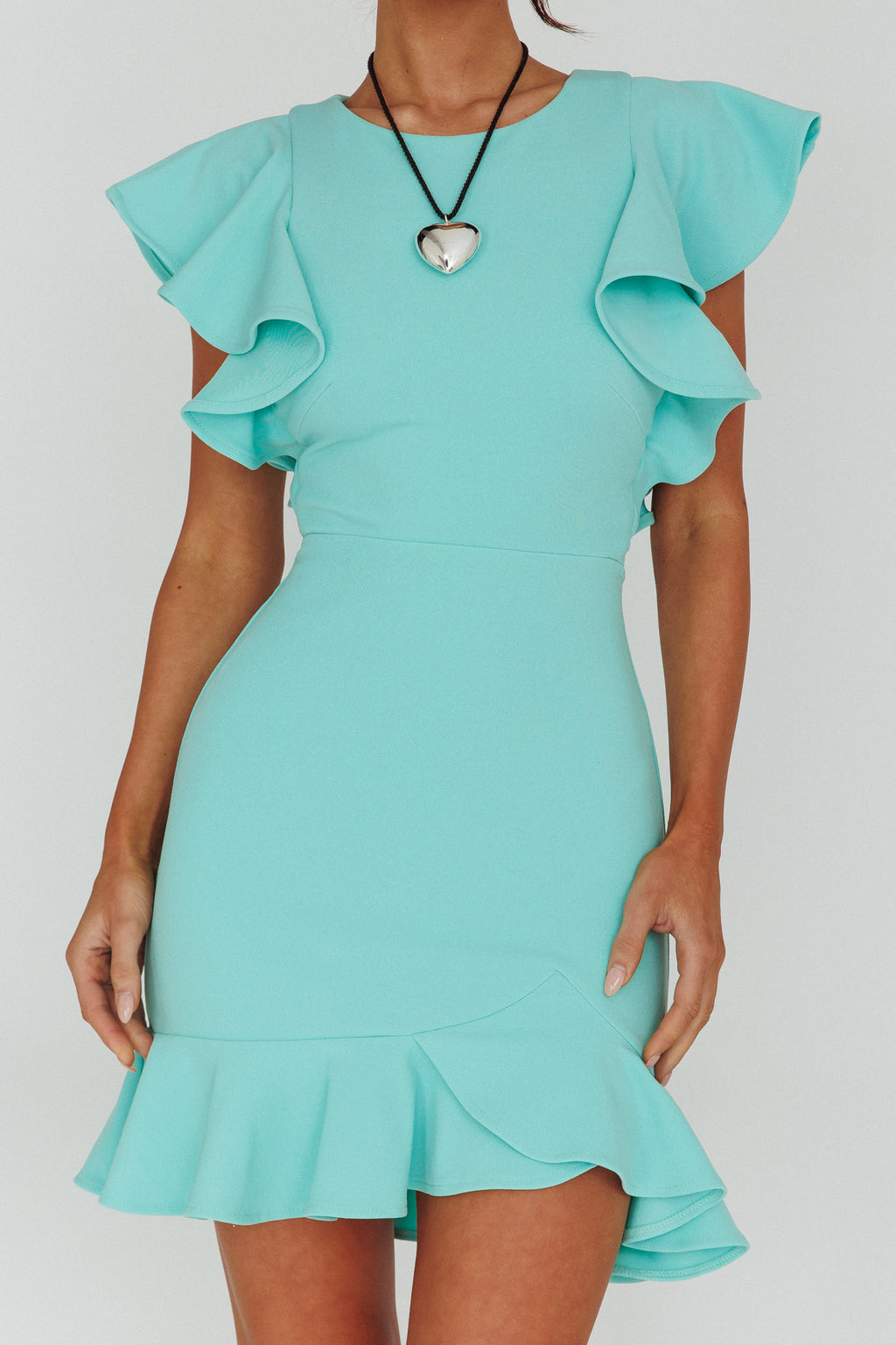Cupid's Bow Ruffle Shoulder Bodycon Dress Teal by Selfie Leslie Australia