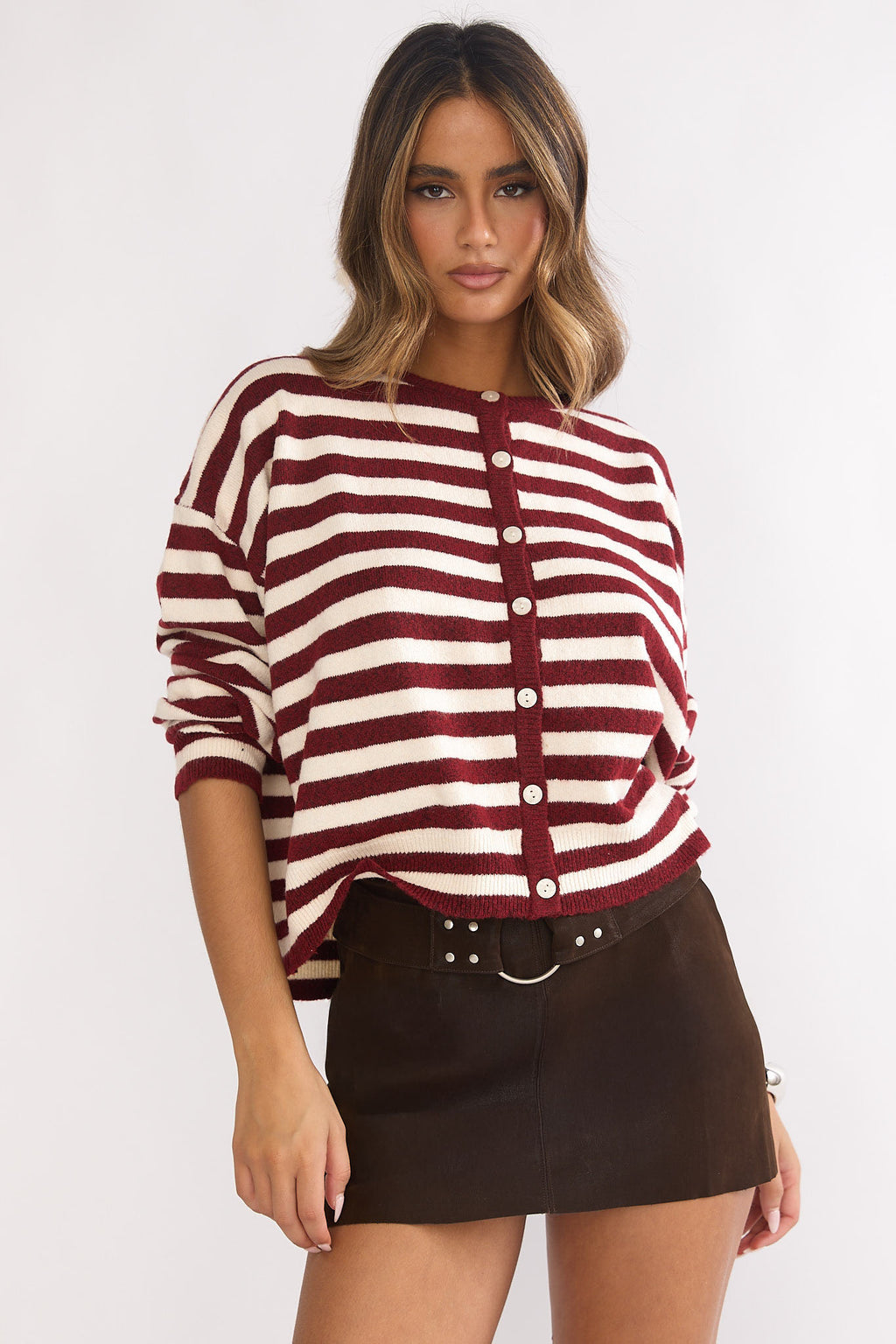 Ivyn Button Front Knitwear Top Stripe Crimson by Selfie Leslie Australia