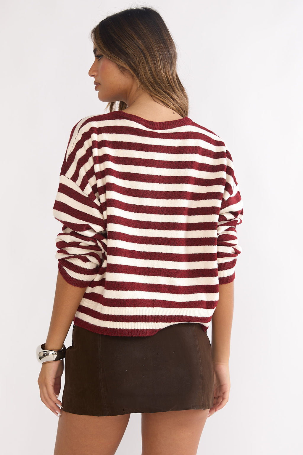 Ivyn Button Front Knitwear Top Stripe Crimson by Selfie Leslie Australia