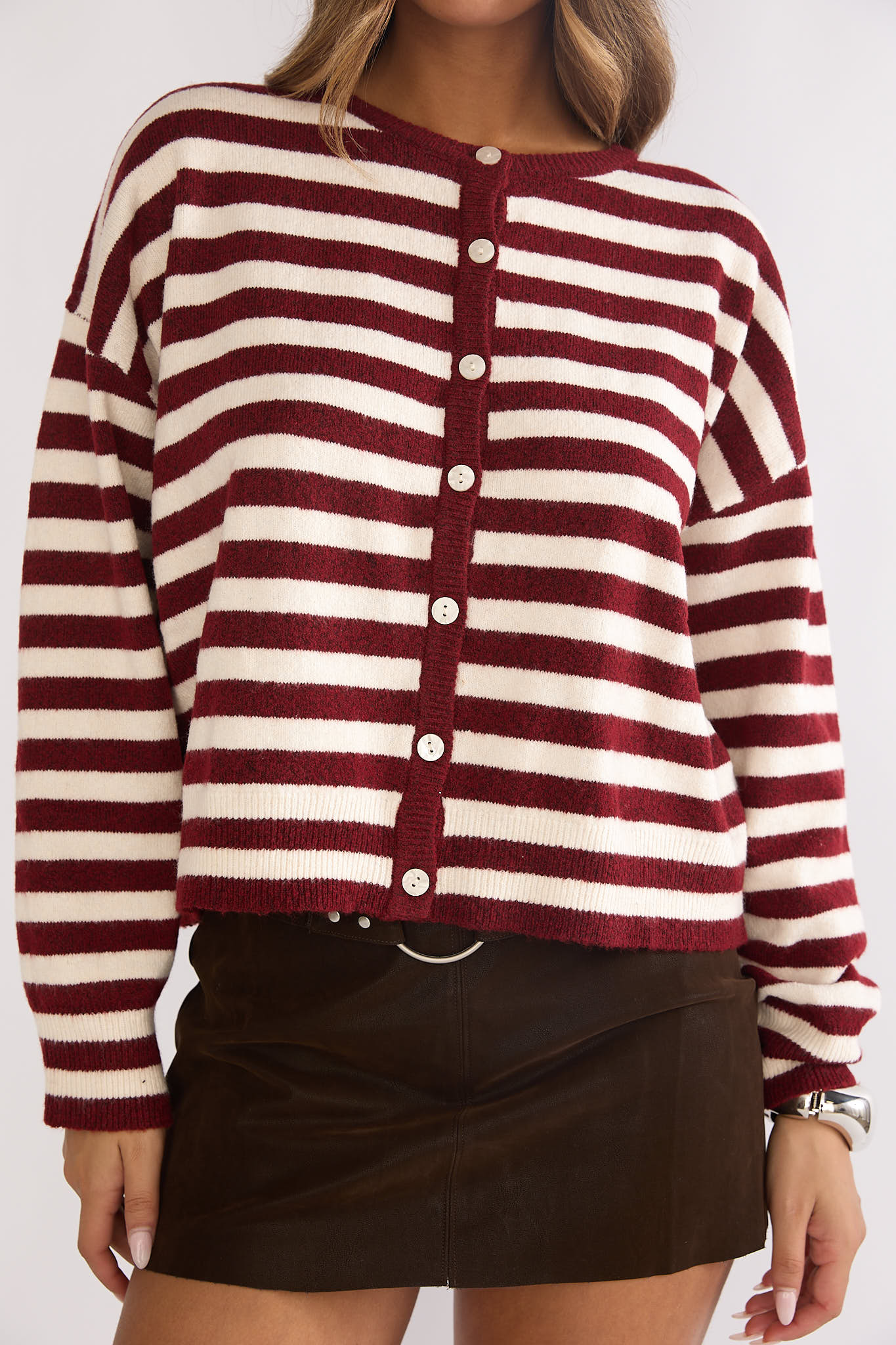 Ivyn Button Front Knitwear Top Stripe Crimson by Selfie Leslie Australia