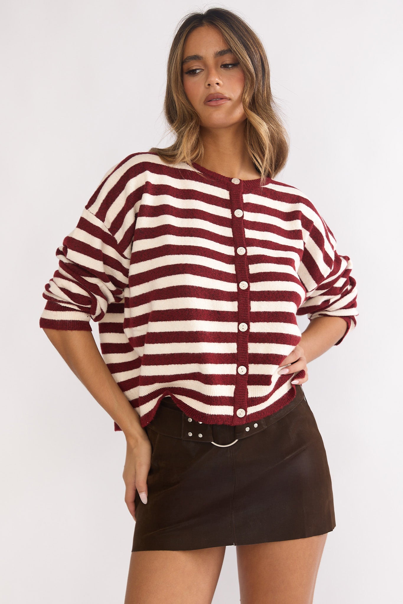 Ivyn Button Front Knitwear Top Stripe Crimson by Selfie Leslie Australia