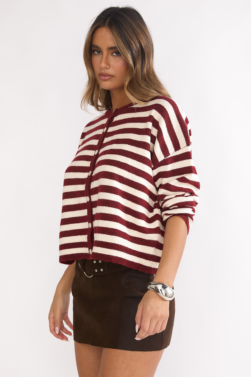 Ivyn Button Front Knitwear Top Stripe Crimson by Selfie Leslie Australia